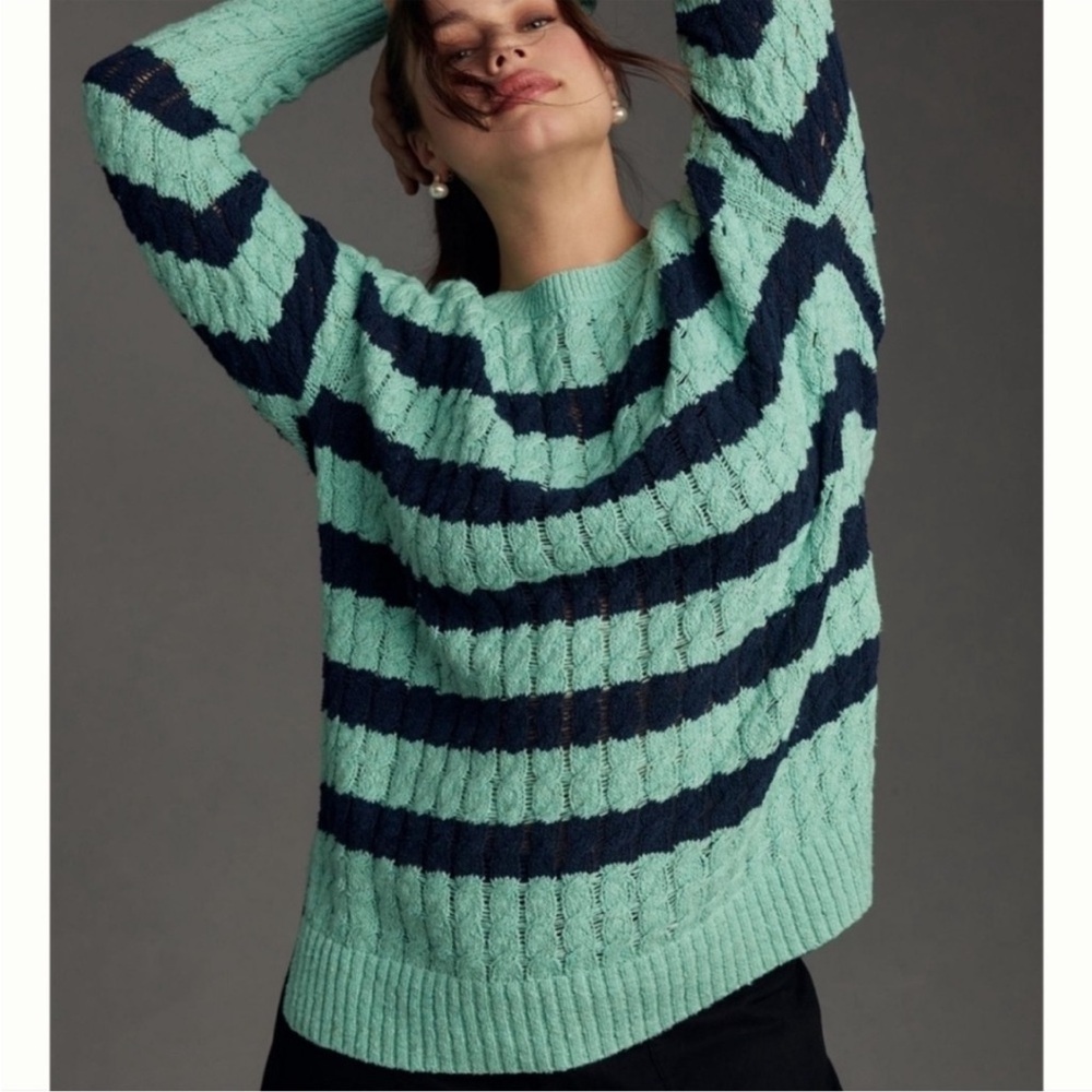 Anthropologie Striped Cable Knit Sweater - Mint and Navy